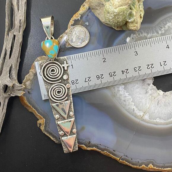Alex Sanchez Sterling Silver Turquoise Petroglyph Long Unisex Pendant - Picture 9 of 10